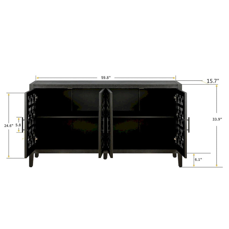 Buffet antique noir à quatre portes en bois ajouré avec détails floraux