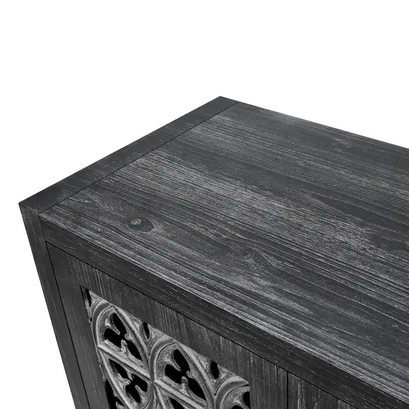 Buffet antique noir à quatre portes en bois ajouré avec détails floraux