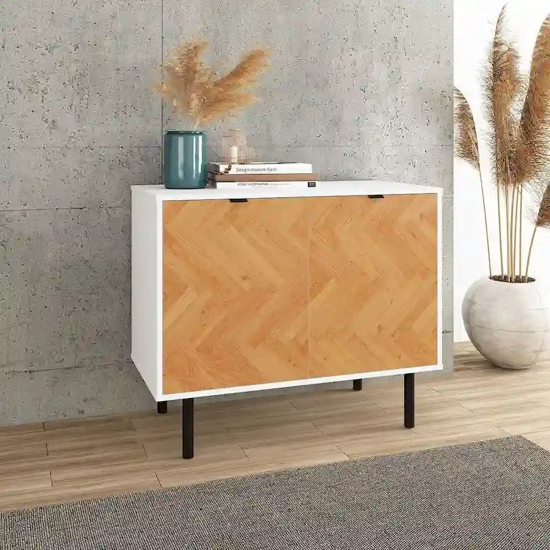 Bahut d'appoint noir Mid-Century Modern avec portes en bois à motif chevrons