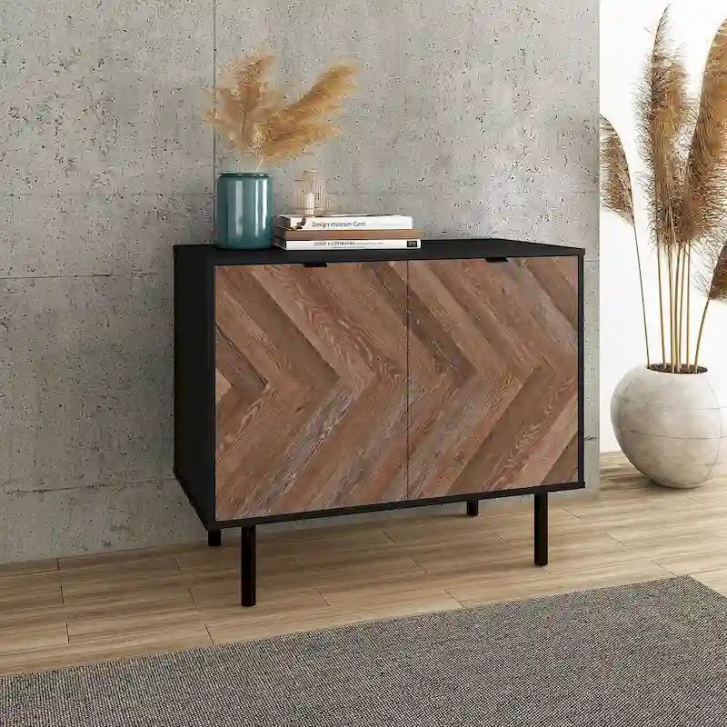 Bahut d'appoint noir Mid-Century Modern avec portes en bois à motif chevrons