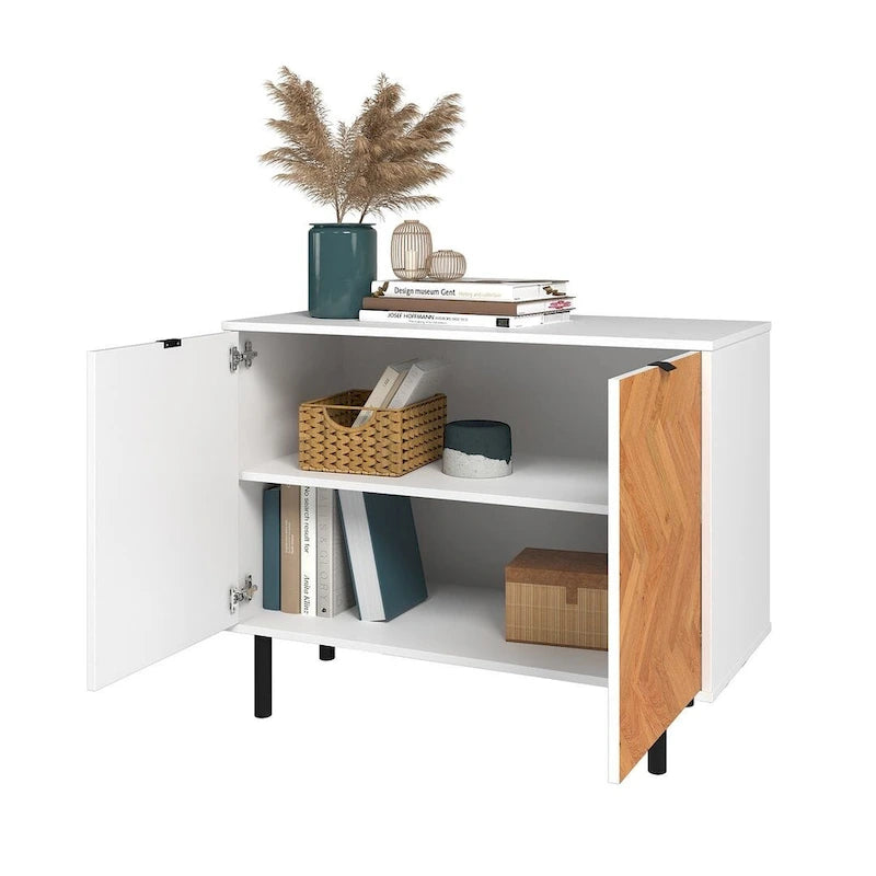 Bahut d'appoint noir Mid-Century Modern avec portes en bois à motif chevrons