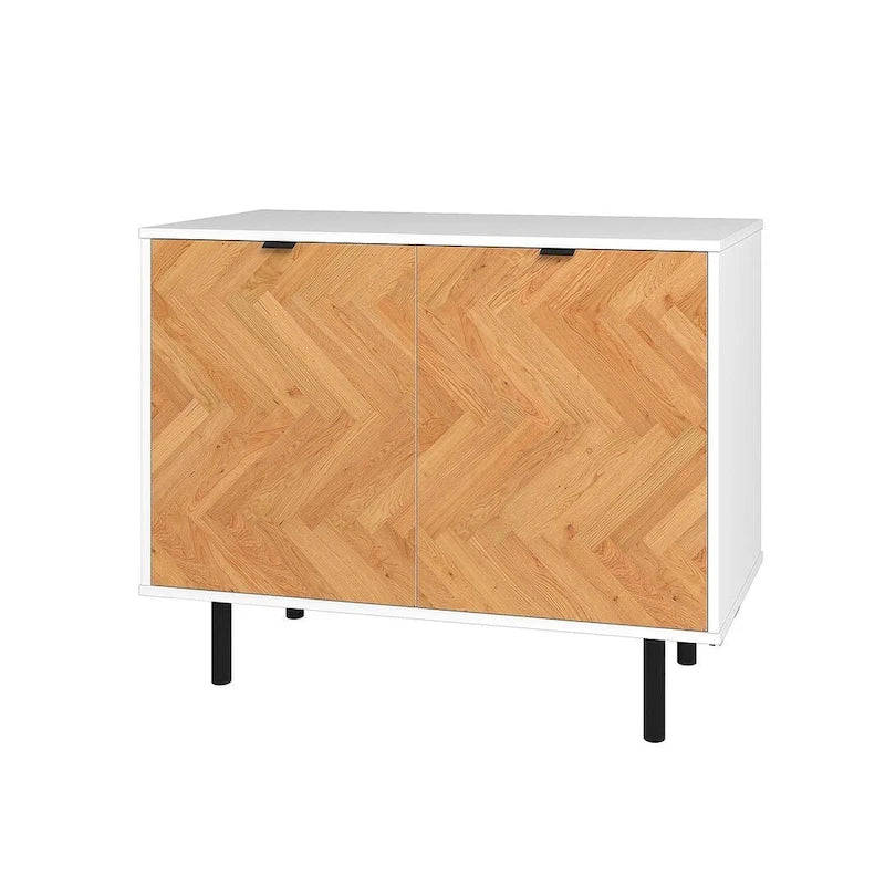 Bahut d'appoint noir Mid-Century Modern avec portes en bois à motif chevrons