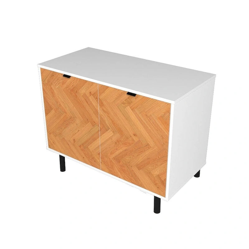Bahut d'appoint noir Mid-Century Modern avec portes en bois à motif chevrons