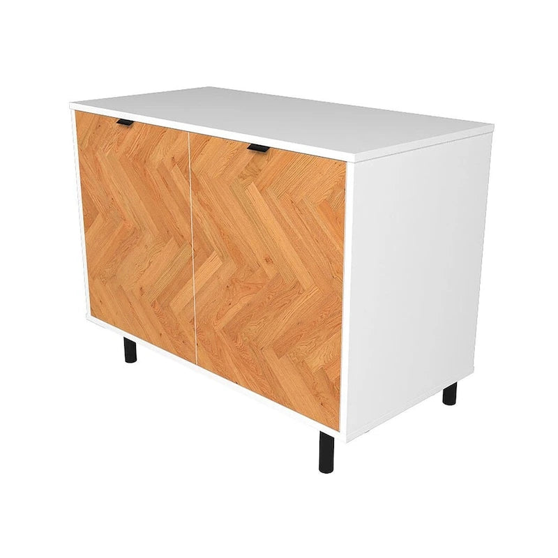 Bahut d'appoint noir Mid-Century Modern avec portes en bois à motif chevrons
