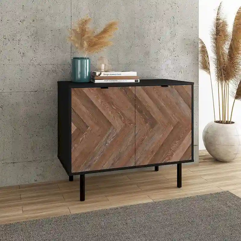 Bahut d'appoint noir Mid-Century Modern avec portes en bois à motif chevrons