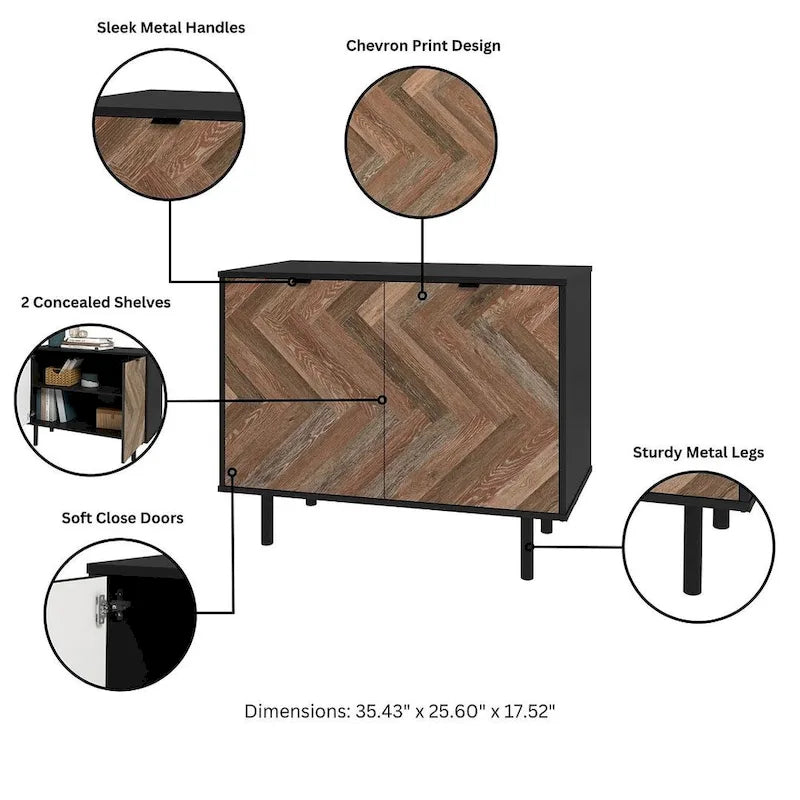 Bahut d'appoint noir Mid-Century Modern avec portes en bois à motif chevrons