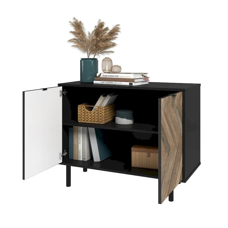 Bahut d'appoint noir Mid-Century Modern avec portes en bois à motif chevrons