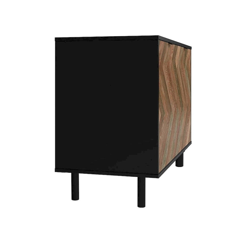 Bahut d'appoint noir Mid-Century Modern avec portes en bois à motif chevrons