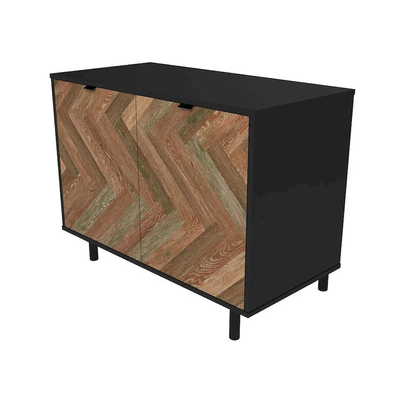 Bahut d'appoint noir Mid-Century Modern avec portes en bois à motif chevrons