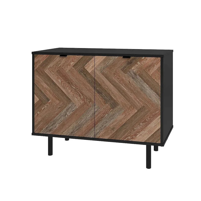 Bahut d'appoint noir Mid-Century Modern avec portes en bois à motif chevrons