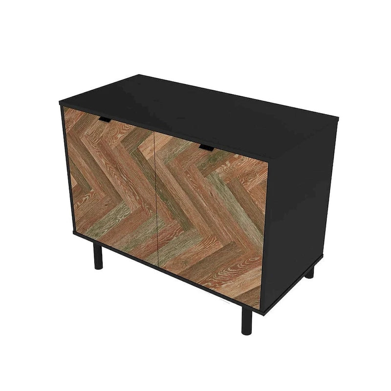 Bahut d'appoint noir Mid-Century Modern avec portes en bois à motif chevrons