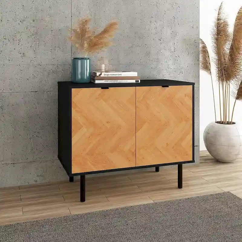 Bahut d'appoint noir Mid-Century Modern avec portes en bois à motif chevrons