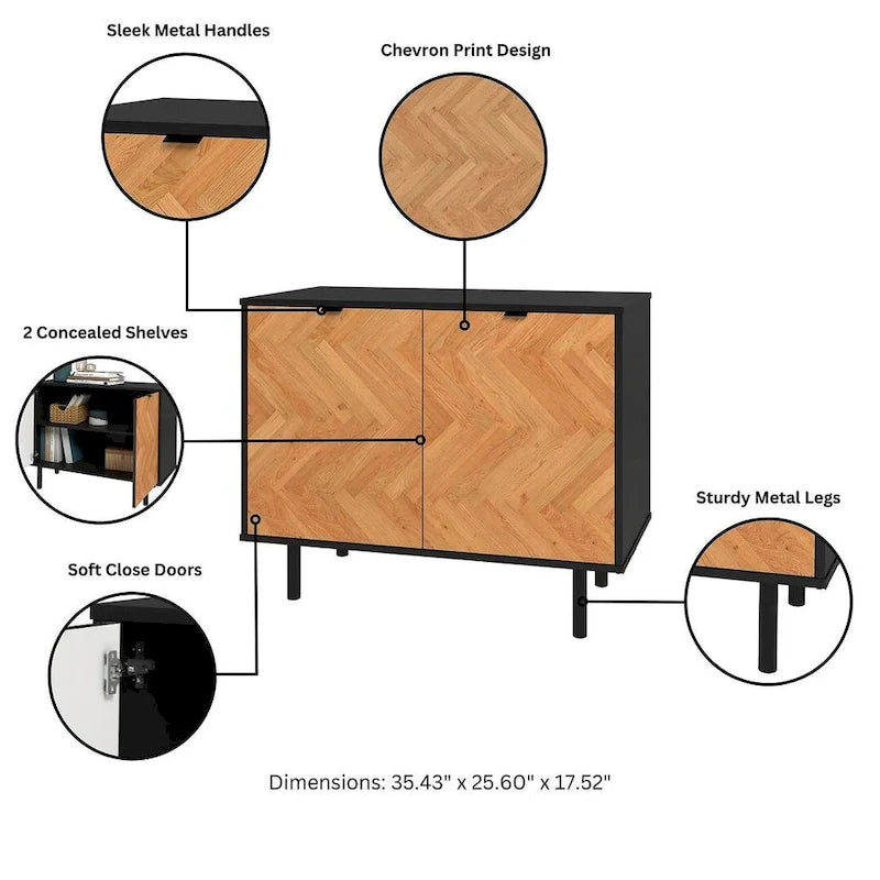 Bahut d'appoint noir Mid-Century Modern avec portes en bois à motif chevrons