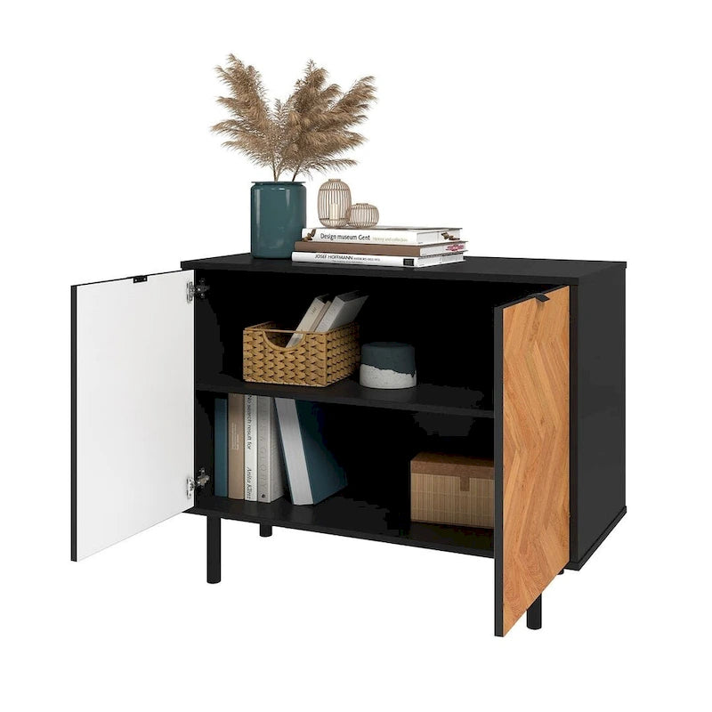 Bahut d'appoint noir Mid-Century Modern avec portes en bois à motif chevrons