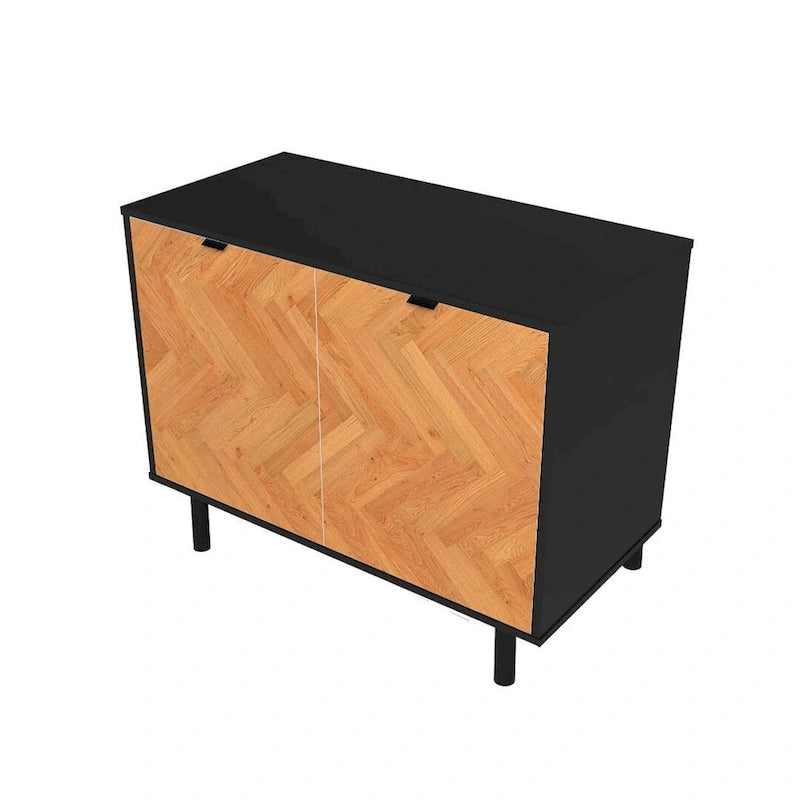 Bahut d'appoint noir Mid-Century Modern avec portes en bois à motif chevrons