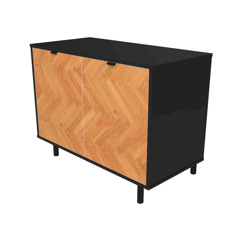 Bahut d'appoint noir Mid-Century Modern avec portes en bois à motif chevrons
