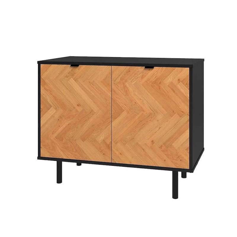 Bahut d'appoint noir Mid-Century Modern avec portes en bois à motif chevrons