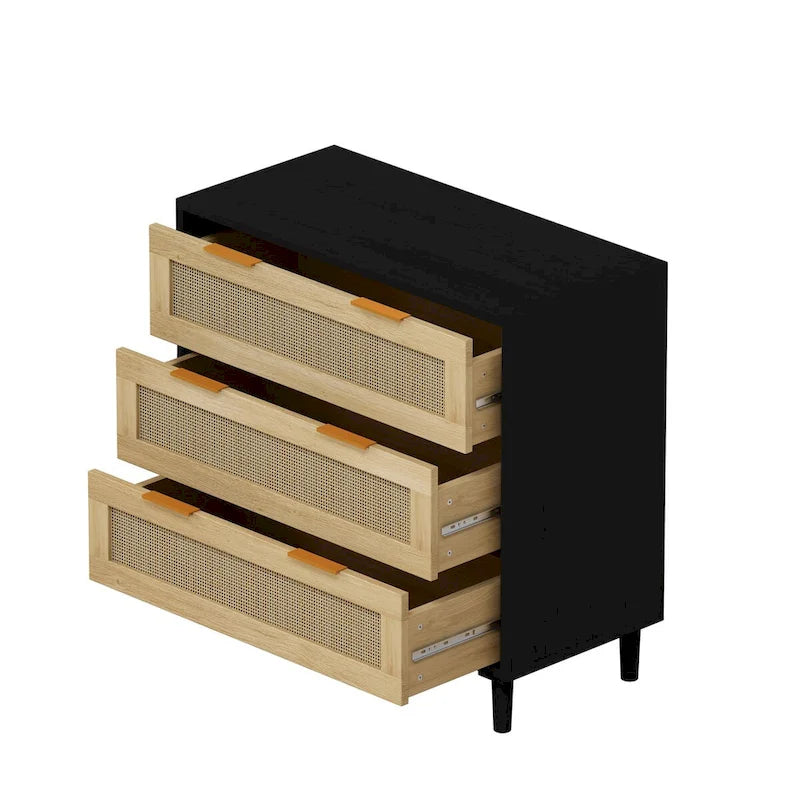 Meuble de rangement 3 tiroirs en rotin naturel noir avec poignées dorées