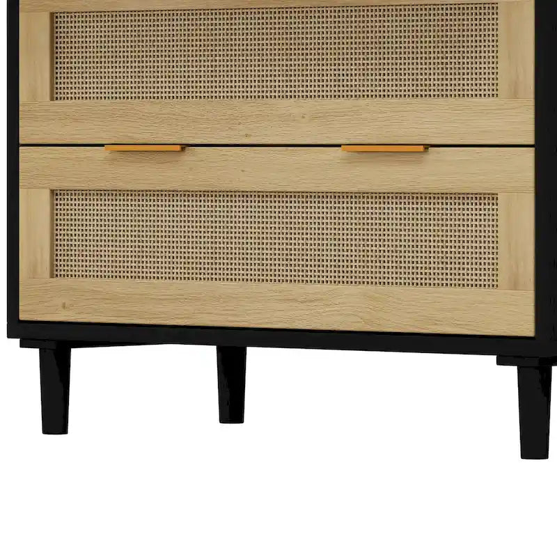 Meuble de rangement 3 tiroirs en rotin naturel noir avec poignées dorées
