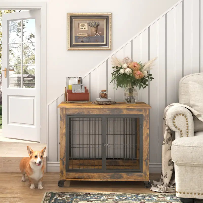 Table d'extrémité en bois marron rustique pour chien avec plateau relevable, doubles portes et roulettes