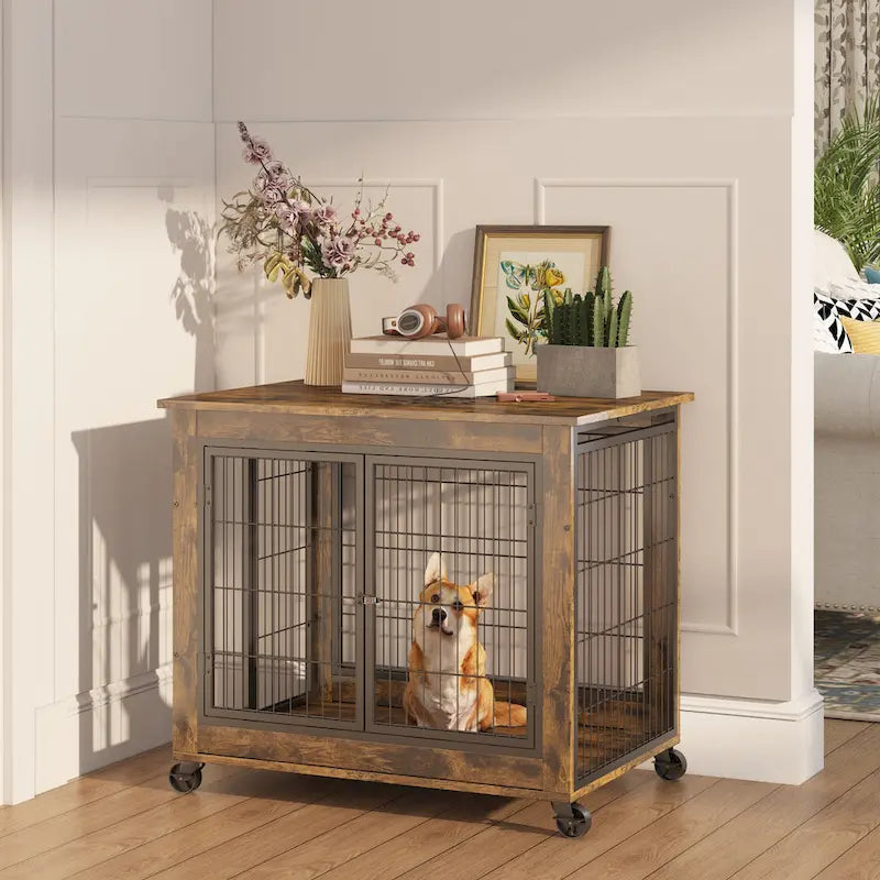 Table d'extrémité en bois marron rustique pour chien avec plateau relevable, doubles portes et roulettes