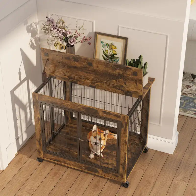 Table d'extrémité en bois marron rustique pour chien avec plateau relevable, doubles portes et roulettes