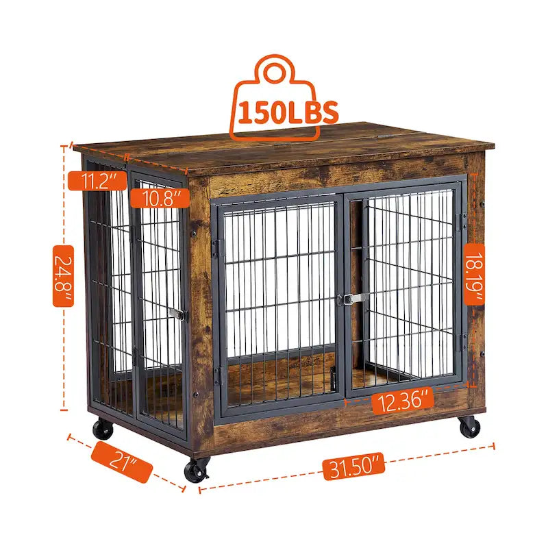 Table d'extrémité en bois marron rustique pour chien avec plateau relevable, doubles portes et roulettes