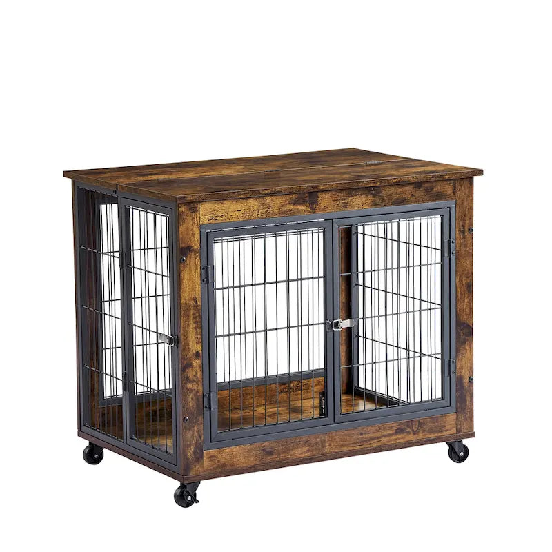Table d'extrémité en bois marron rustique pour chien avec plateau relevable, doubles portes et roulettes
