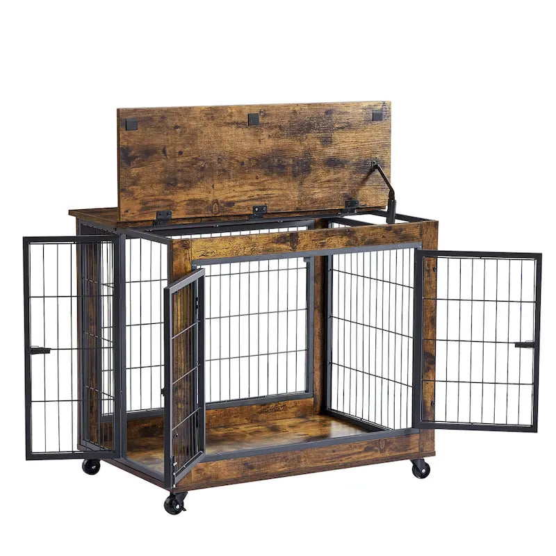 Table d'extrémité en bois marron rustique pour chien avec plateau relevable, doubles portes et roulettes