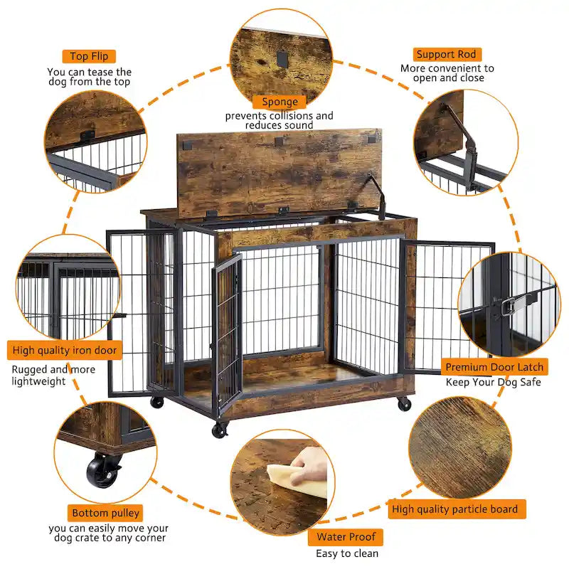 Table d'extrémité en bois marron rustique pour chien avec plateau relevable, doubles portes et roulettes