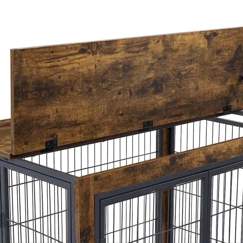 Table d'extrémité en bois marron rustique pour chien avec plateau relevable, doubles portes et roulettes