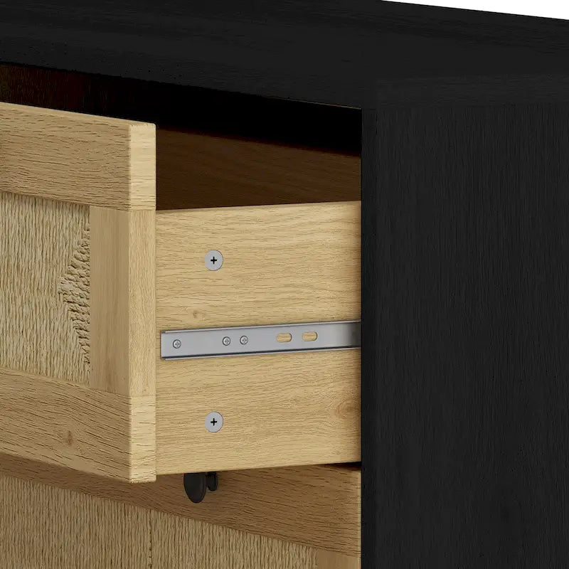 Commode à 3 tiroirs en rotin tressé avec pieds en pin, Noir Naturel