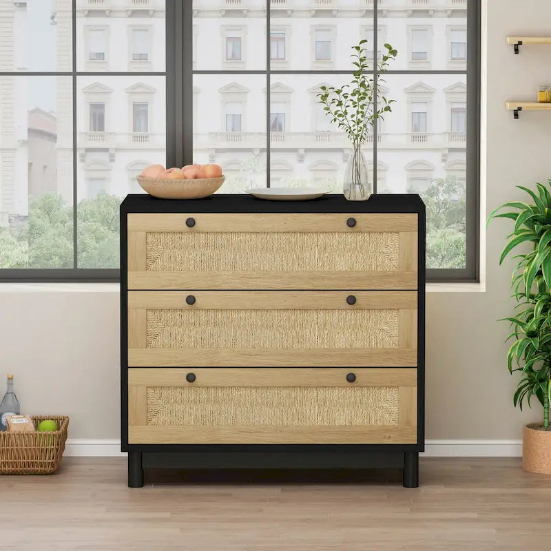 Commode à 3 tiroirs en rotin tressé avec pieds en pin, Noir Naturel