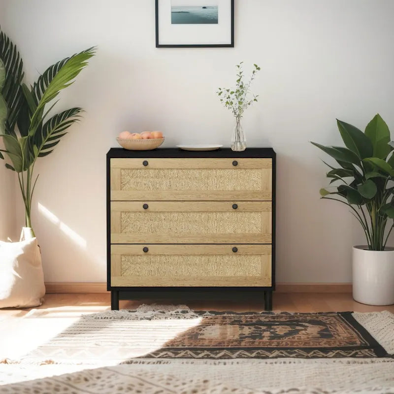 Commode à 3 tiroirs en rotin tressé avec pieds en pin, Noir Naturel