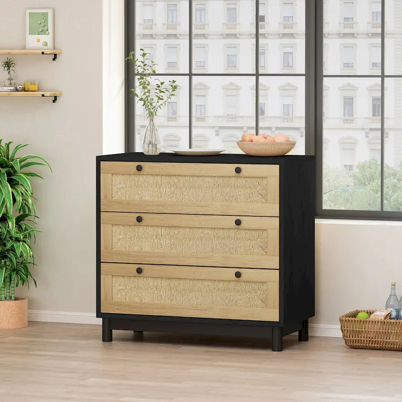 Commode à 3 tiroirs en rotin tressé avec pieds en pin, Noir Naturel