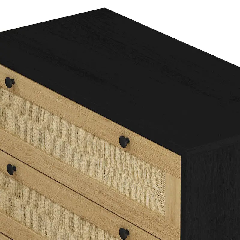 Commode à 3 tiroirs en rotin tressé avec pieds en pin, Noir Naturel
