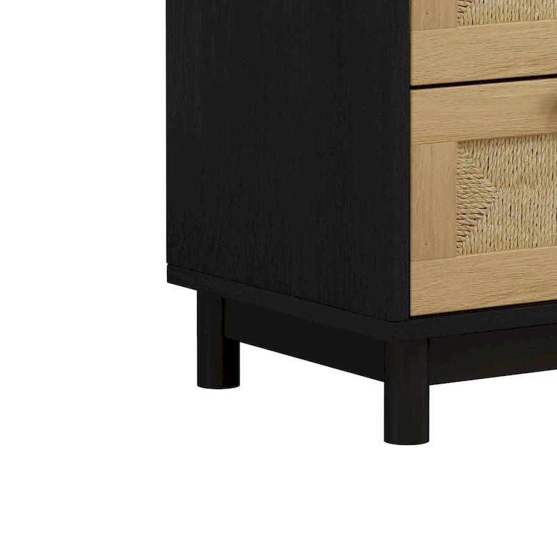Commode à 3 tiroirs en rotin tressé avec pieds en pin, Noir Naturel