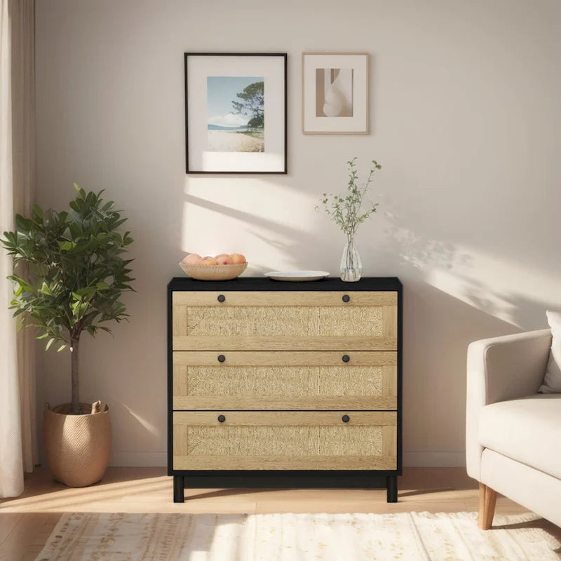 Commode à 3 tiroirs en rotin tressé avec pieds en pin, Noir Naturel