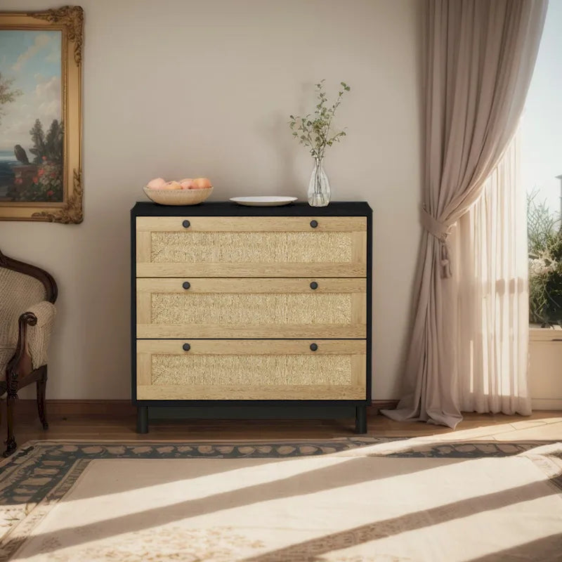 Commode à 3 tiroirs en rotin tressé avec pieds en pin, Noir Naturel