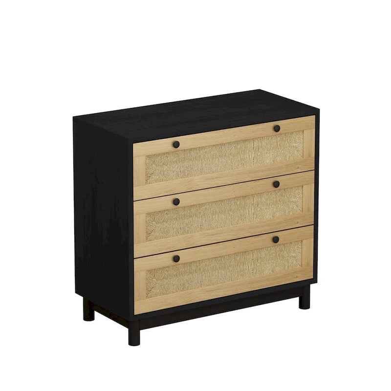 Commode à 3 tiroirs en rotin tressé avec pieds en pin, Noir Naturel