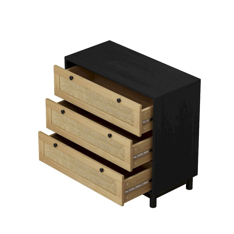 Commode à 3 tiroirs en rotin tressé avec pieds en pin, Noir Naturel