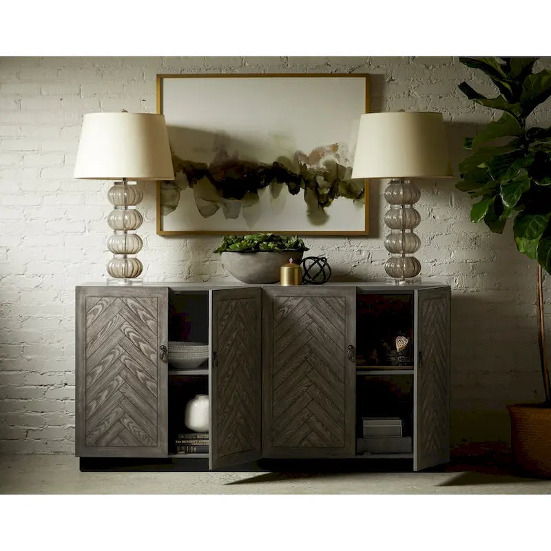 Buffet à 4 portes avec étagères dissimulées, motif chevron, finition grise