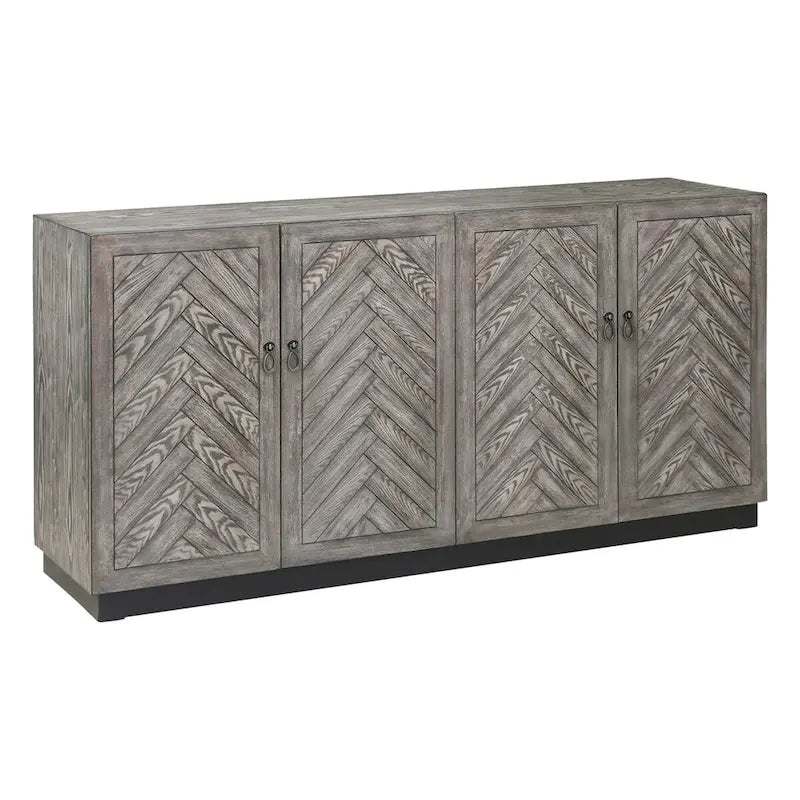 Buffet à 4 portes avec étagères dissimulées, motif chevron, finition grise