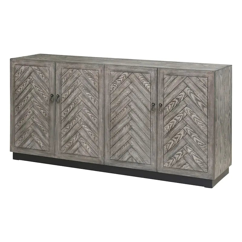 Buffet à 4 portes avec étagères dissimulées, motif chevron, finition grise