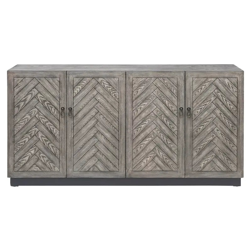 Buffet à 4 portes avec étagères dissimulées, motif chevron, finition grise