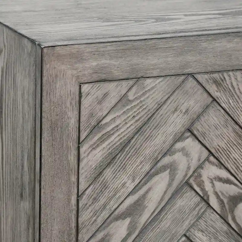 Buffet à 4 portes avec étagères dissimulées, motif chevron, finition grise