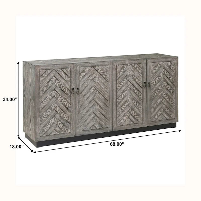Buffet à 4 portes avec étagères dissimulées, motif chevron, finition grise