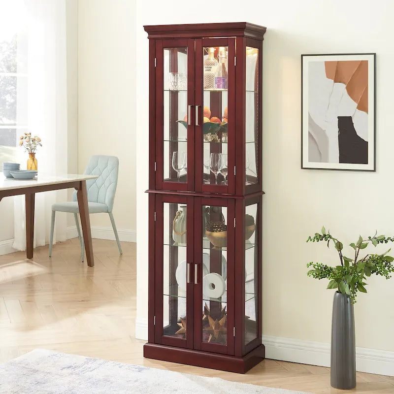 Lighted Curio Diapaly Cabinet,Adjustable Shelves,Mirrored Back Panel,Tempered Glass Doors (6 Tier),(E26 light bulb not included)