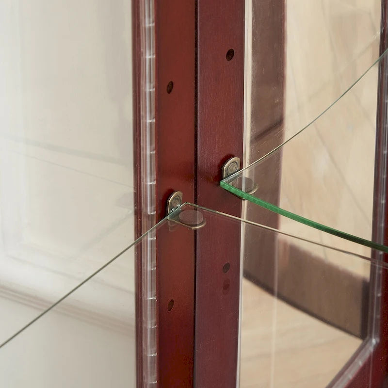 Vitrine d'exposition éclairée en merisier, 6 étagères en verre réglables, fond miroir