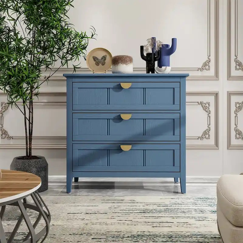 Commode bleue à 3 tiroirs avec poignées dorées finition bois